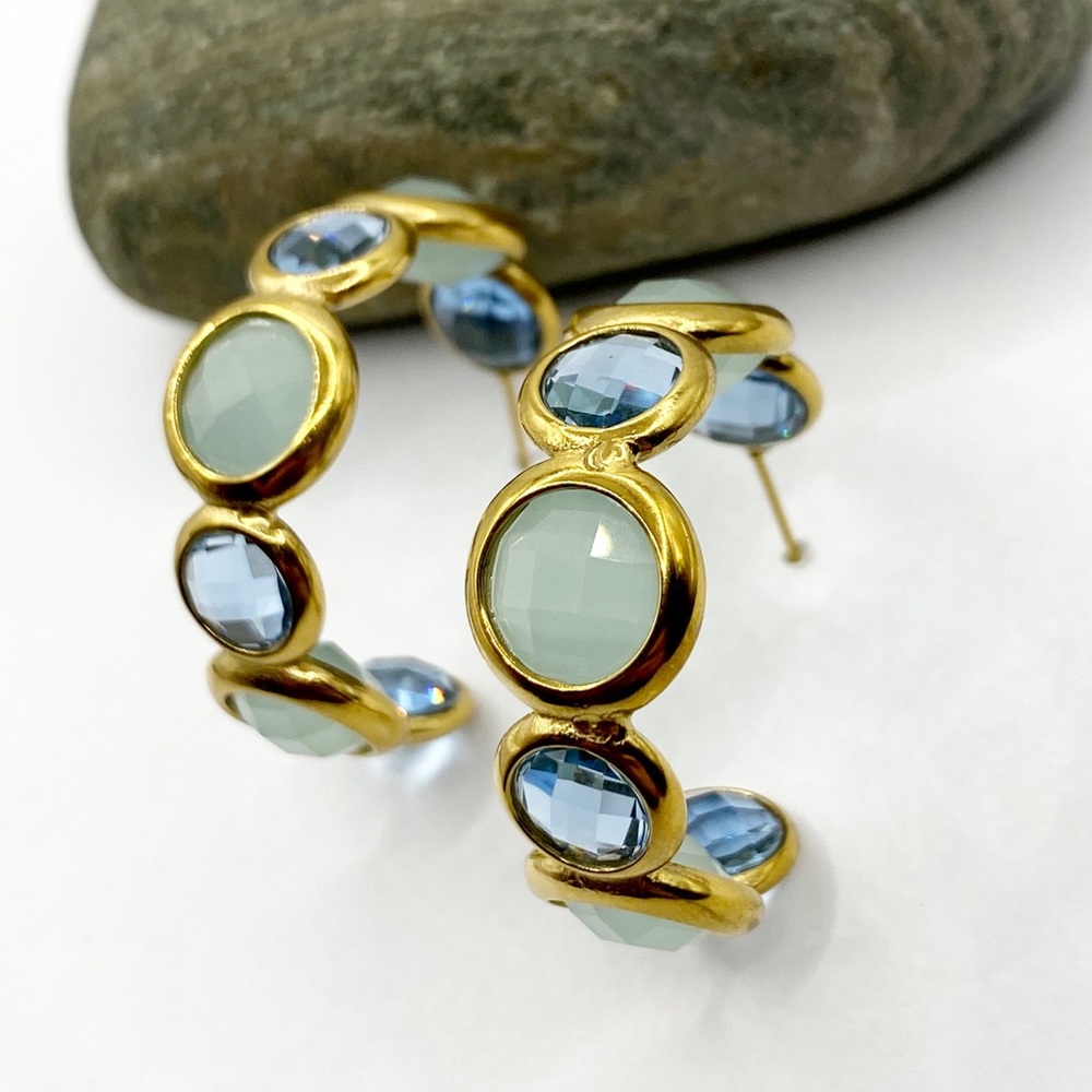 NEW Gold & Blue Stones Chunky Hoop Earrings - Picture 2 of 16